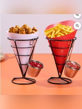 2 - Chrome Wire Cone Fry Holder with sauce holder, **bonus** Car Fry Holder